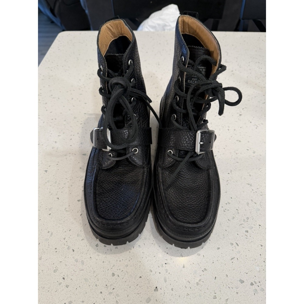 VTG Polo Country Ralph Lauren 90s Ranger Boots Black Pebbled Leather Buckle VNDS - Picture 7 of 10
